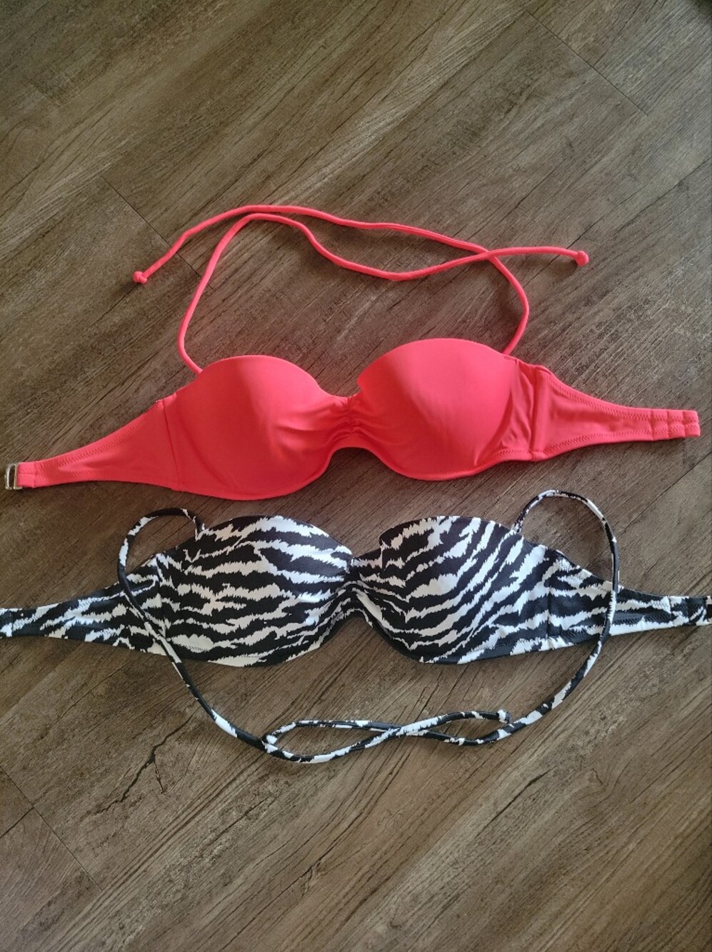 Women's Coral Bandeau Bikini Top with Black & White Zebra Accent. Removable Stra